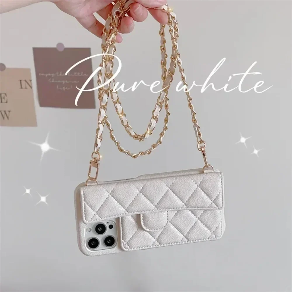 Luxury Geometric Leather Crossbody Phone Case with Necklace Chain and Card Holder