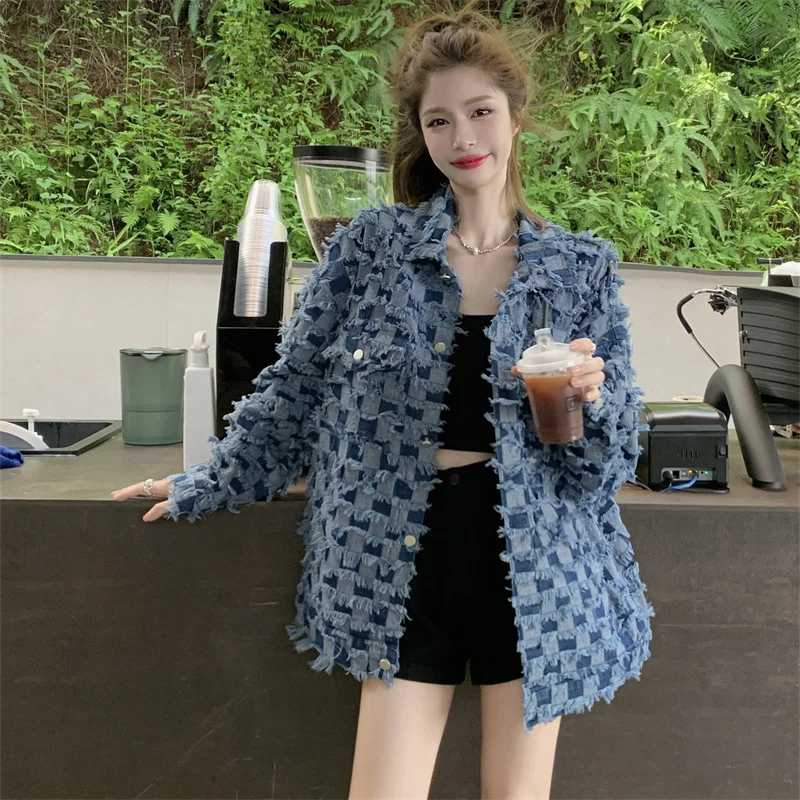 

2022 Live Shot Of Premium Denim Plaid Tassel Coat For Men And Women American Loose Vintage Jacket Trend Free Shipping