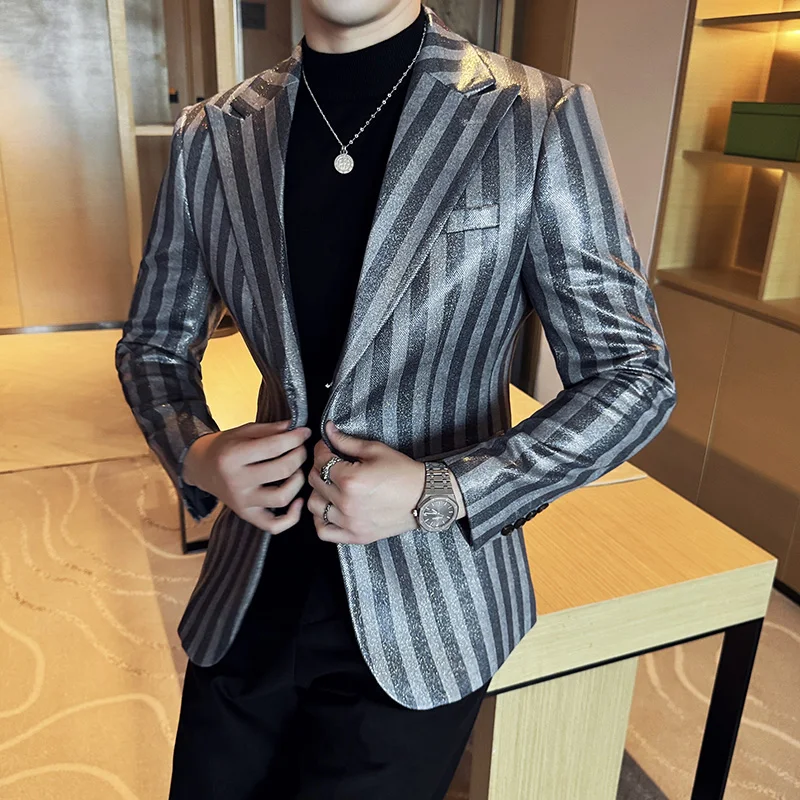 Striped Suede Suit Jacket Men Slim Fit Casual Business Blazers Korean Version Wedding Banquet Formal Jacket