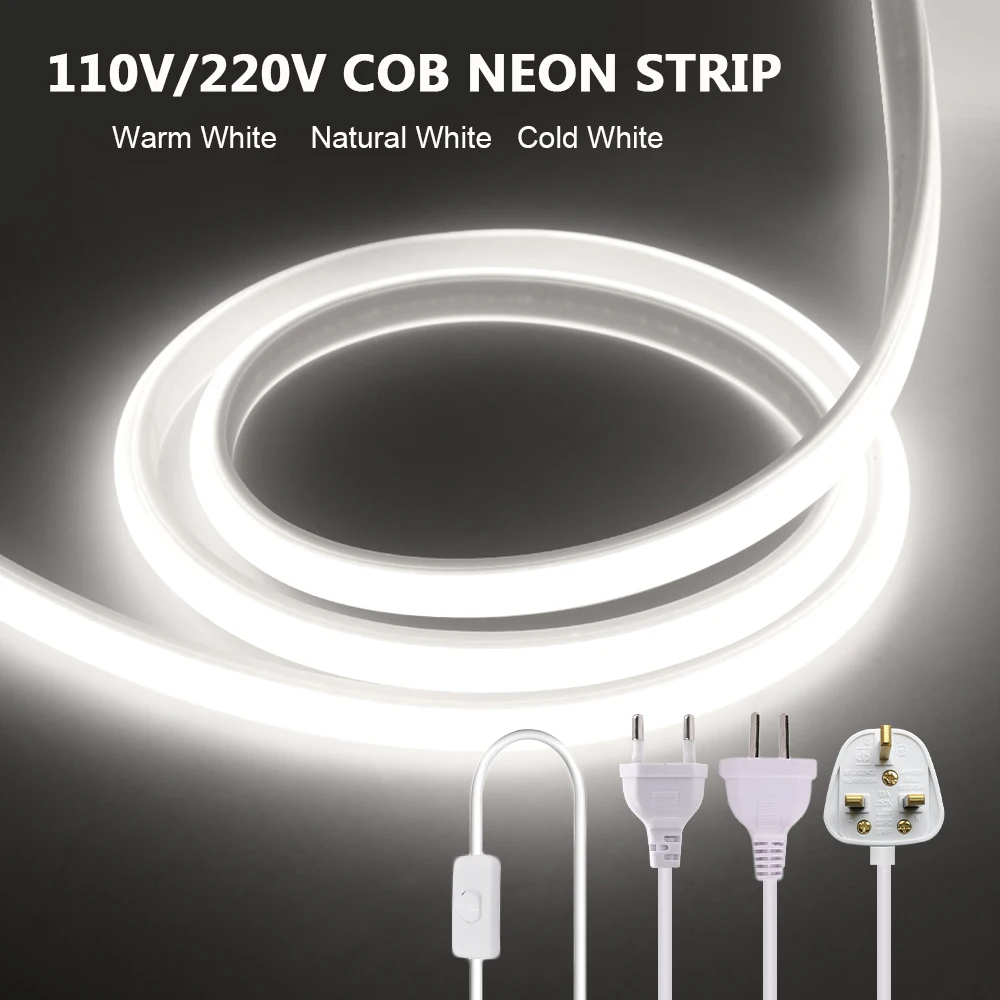 110V 220V COB LED Neon Strip Light With Switch 288LEDs/m RA90 Flexible Outdoor Lamp Waterproof Led Tape Kitchen Home Room Decor 1pc stainless steel sewer drain pipe flexible wash basin sink plumbing for home kitchen bathroom downcomer facility accessories