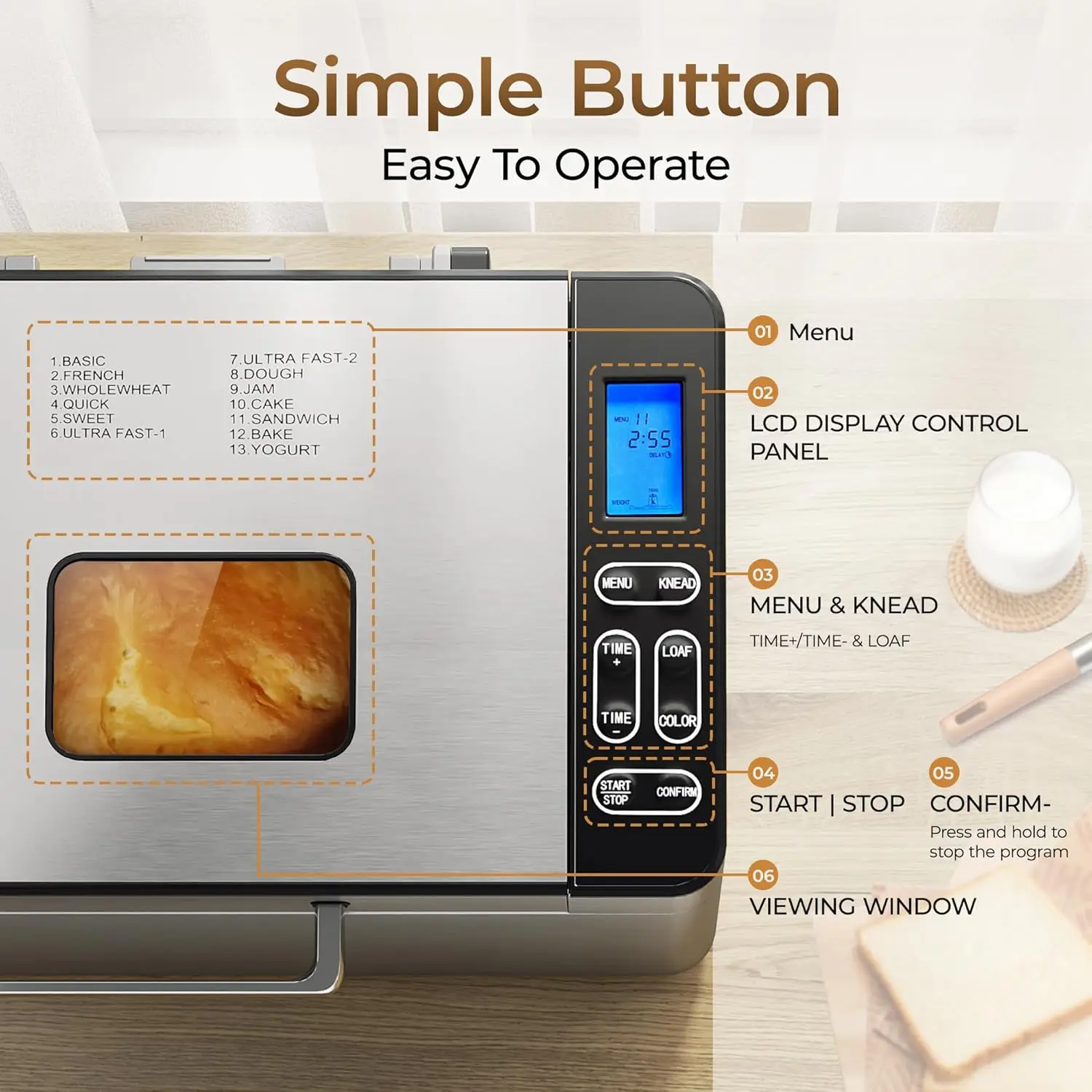 Bread Maker Machine 13-in-1 Bread Machine, Dough Maker, Auto Nut Dispenser & Ceramic Pan, 2LB and 3 Loaf Sizes & 3 Crust 2