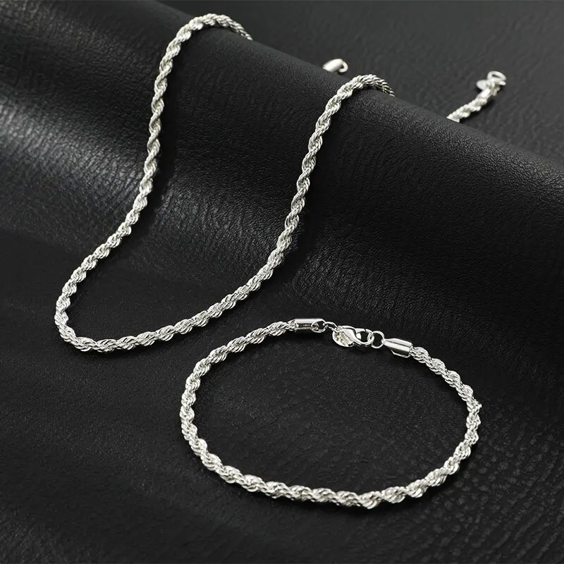 Jewelry Set Men Bracelet Chain Necklace 2pcs Silver Plated Necklace Bracelet For Men And Women Simple Hip Hop Style 4mm Twisted Twist Rope Iron Chain With Copper Lobste