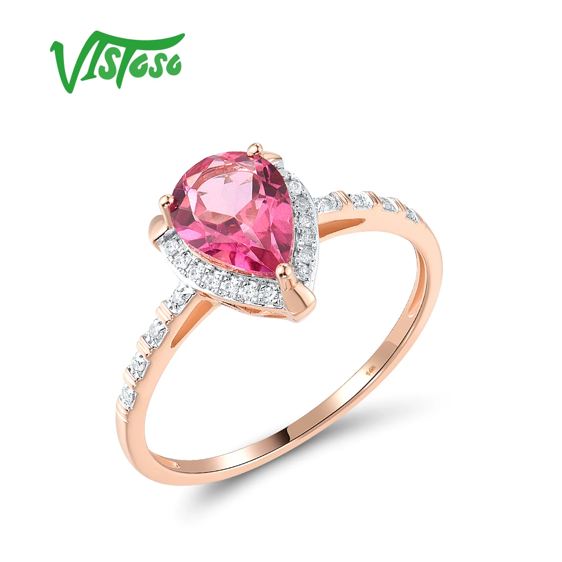 

VISTOSO Authentic 14K 585 Rose Gold Ring For Women Sparkling Diamond Pink Topaz Wedding Anniversary Gift Solitaire Fine Jewelry