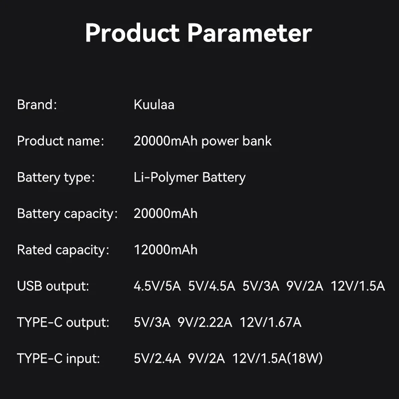 KUULAA 20000mAh Power Bank Portable External Battery 22.5W Fast Charging Portable Charger For iPhone xiaomi redmi poco Powerbank 6