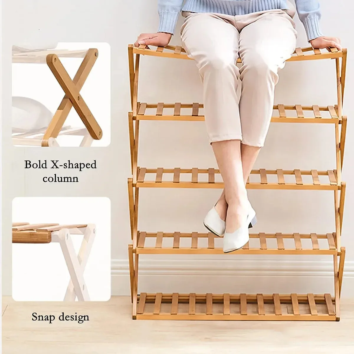 2Tiers Foldable Bamboo Shoe Rack,Multi Tier Shoe Organizer Rack Multifunctional Storage Free Standing Shelf,for Shoes Plant POTS 3