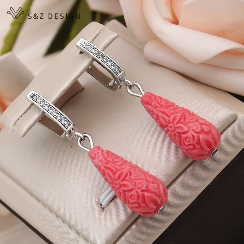 S&Z DESIGN New Fashion Water Drop Carve Flower Synthetic Shell Dangle Earrings For Women Wedding Cubic Zirconia Jewelry Gift