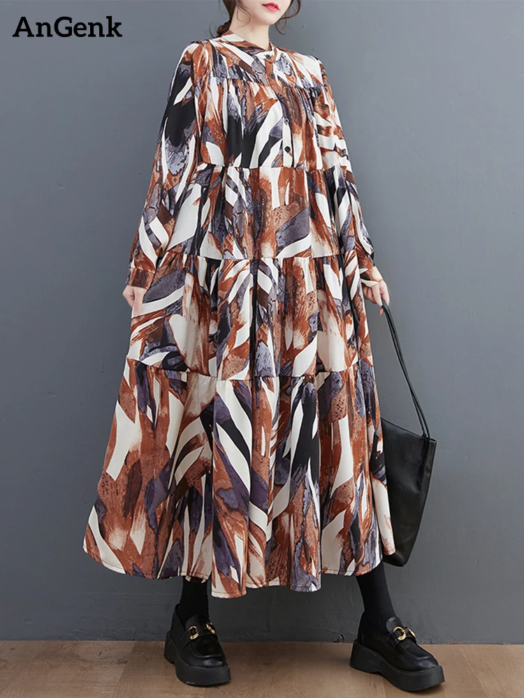 

2023 Spring Autumn New Patchwork Vintage Print Dresses For Women Long Sleeve Loose Casual Shirt Dress Fashion Elegant Clothes