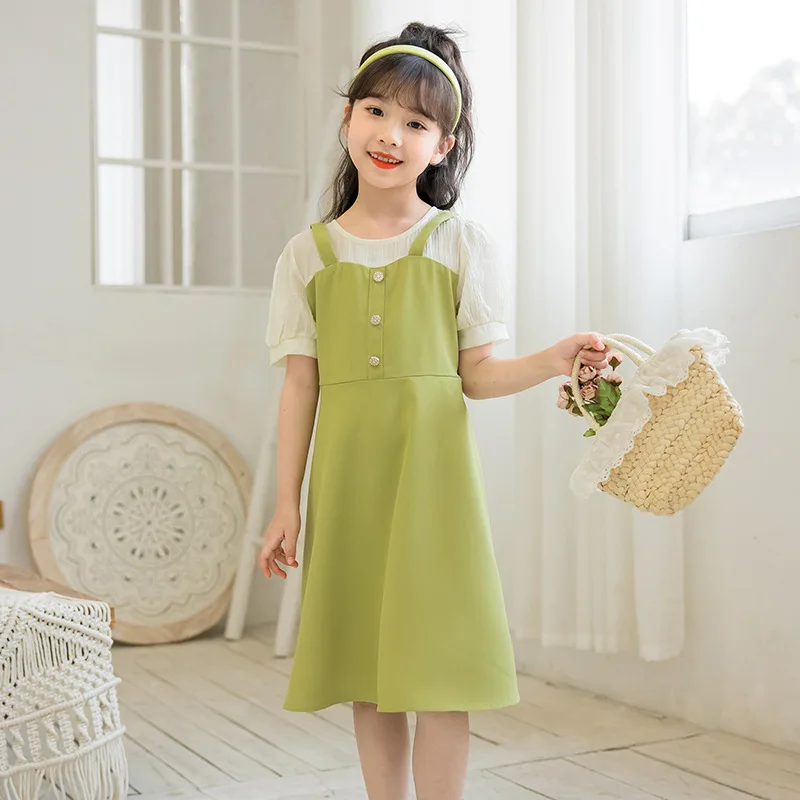 

2023 Summer Girls fake TWO-piece Children chiffon green Princess Ice Teenager backless overalls pleated dress 5 7 9 10 12 year