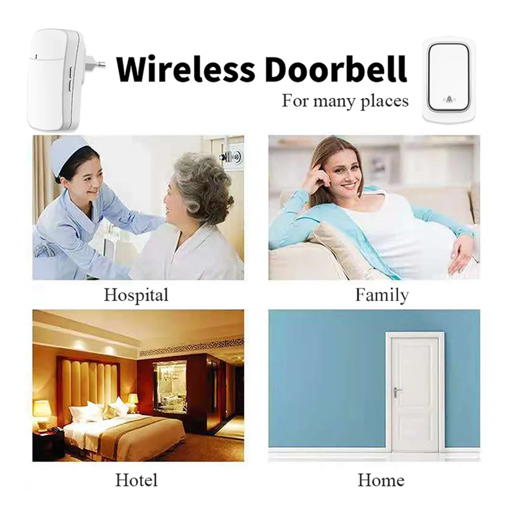 Wireless Doorbell No Battery US EU UK Plug IP44 Waterproof 150m Long Distance