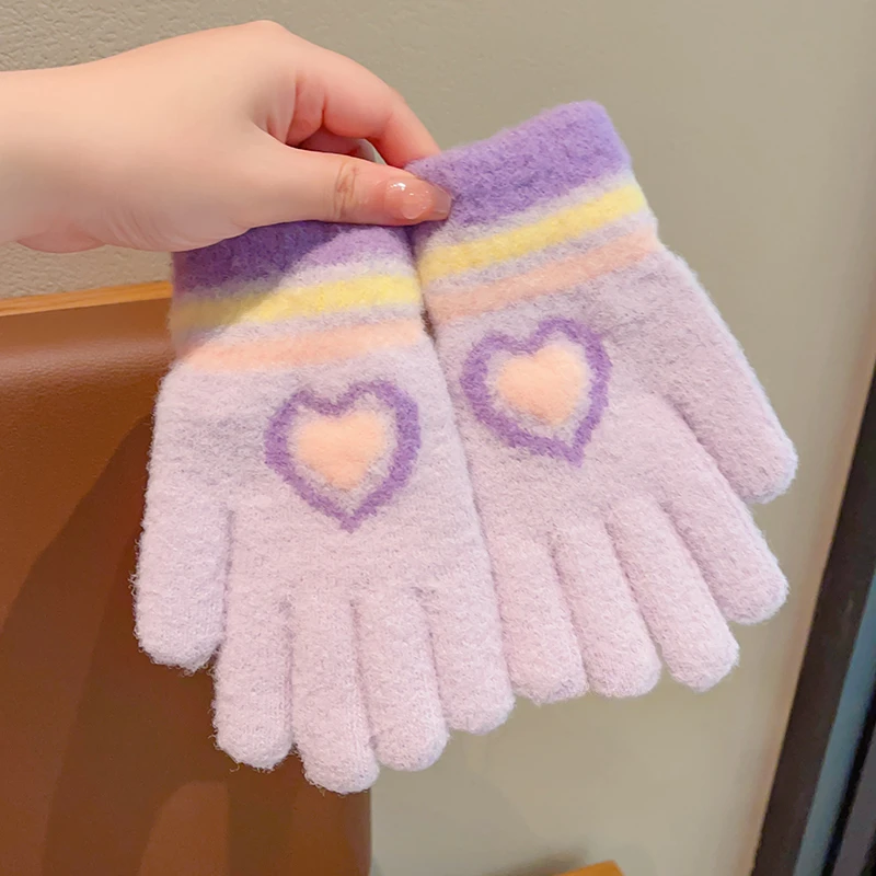 New Children Cute Knitting Cherry Heart Animals Soft Five Finger Gloves Boys Girls Outdoor Warm Gloves Kids Colors