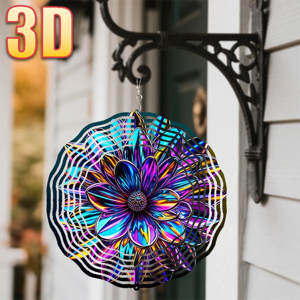 정원용 3D 금속 꽃 모양 바람개비, 10인치 무지개색 야외 바람개비(회전 고리 포함), 360도 회전 ° 창의적인 바람개비