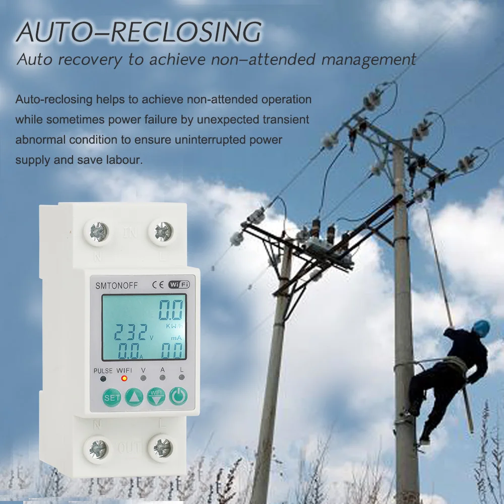 Tuya WiFi 2P 63A Bi-directional Measuring Prepaid kWh Meter Auto-reclosing Over