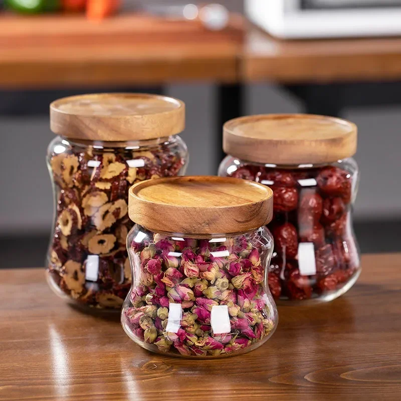

High borosilicate glass jar Food storage jar Bamboo lid food sealed jar miscellaneous grain storage Kitchen storage