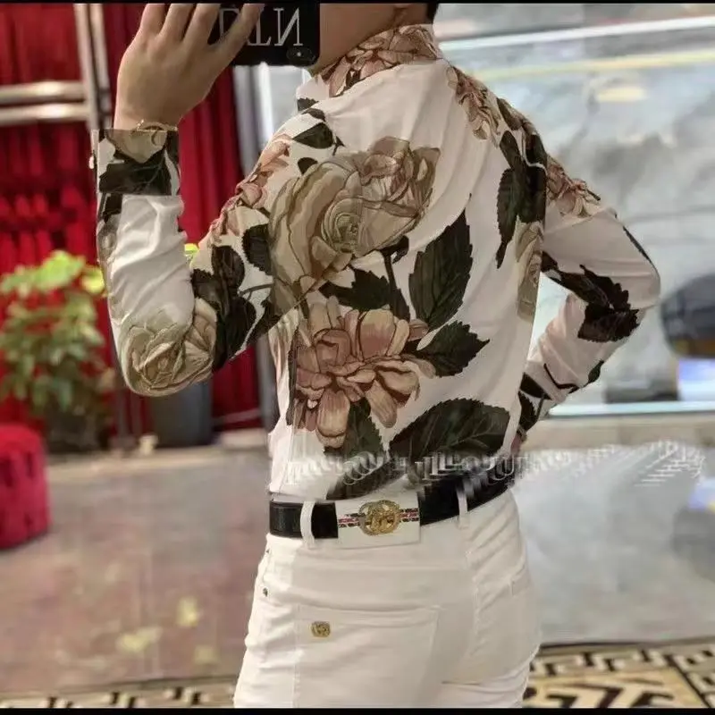 Fashion New Spring and Autumn Men's 2024 Retro Patchwork Square Collar Button Printing Slim Versatile Casual Long Sleeved Shirt