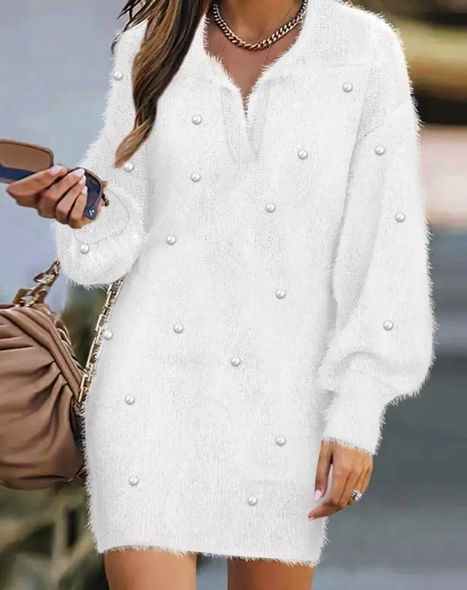 

Women's Lazy Shirt Dress Lantern Sleeve Studded Long Sleeve Mini Dress 2024 Latest Casual Fashion Turn Down Collar Daily Skirt