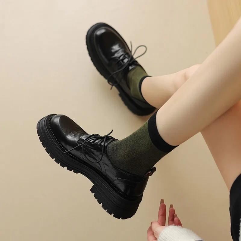 Top layer sheepskin single shoes for women's versatile spring and autumn with lace up small leather shoes and thick soled shoes