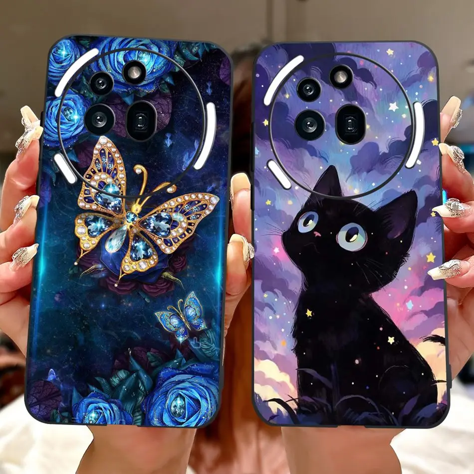 Elegant Butterfly Cat Printed Black Silicone Soft Phone Case
