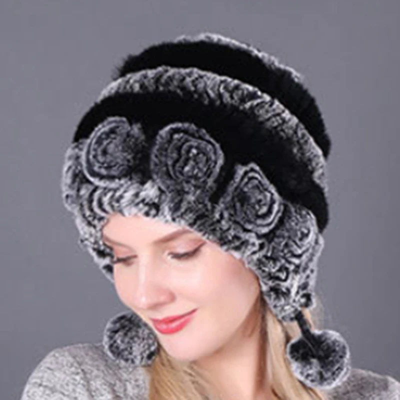 

Women Flowers Striped Natural Rabbit Fur Hats Hot Sale Winter Lady Warm Knit Genuine Fur Caps Russian Outdoor Fur Hats