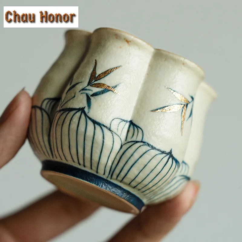 80ml Blue And White Flint Red Teacup Handmade Gold Drawing Bamboo Tea Bowl Zen Tea Pair Petal Personal Cup Chazhan Tea Supplies