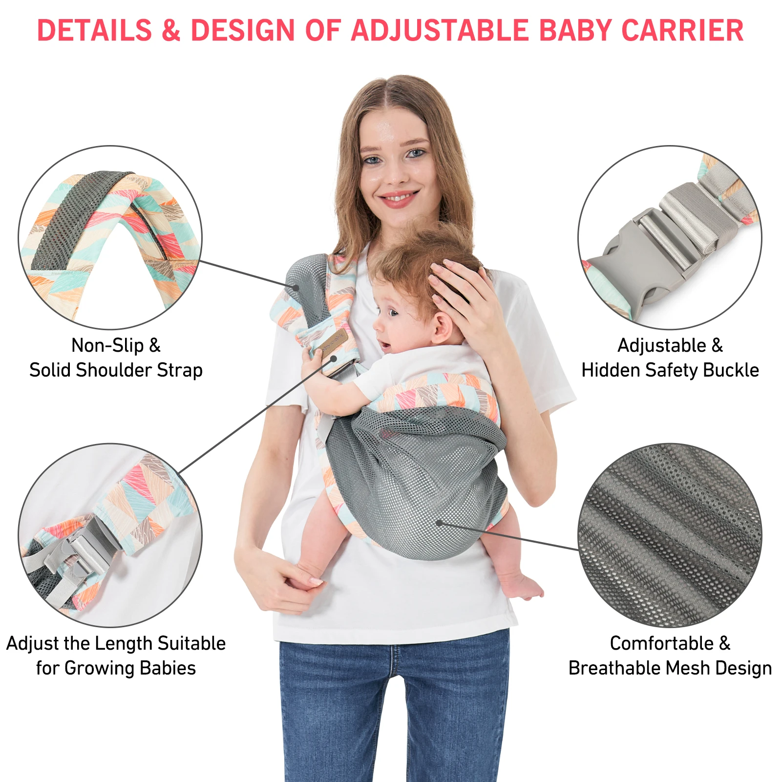 Baby Sling Carrier, Adjustable One Shoulder Lightweight Portable Baby Carrier Sling for Newborn To Toddler, Mesh Ventilation 2