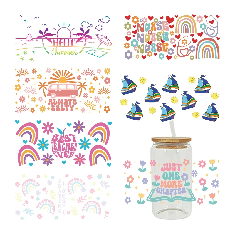 

UV DTF Transfer Sticker Rainbow Flowers For The 16oz Libbey Glasses Wraps Bottles Cup Can DIY Waterproof Custom Decals D7542