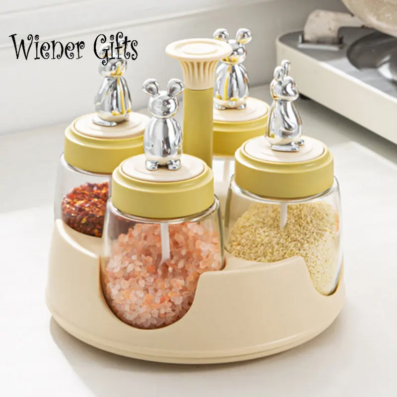 

360 Rotating Spice Jar Glass Bottle Pepper Sugar Salt Sealed Container Seasoning Box with Storage Rack Kitchen Accessories