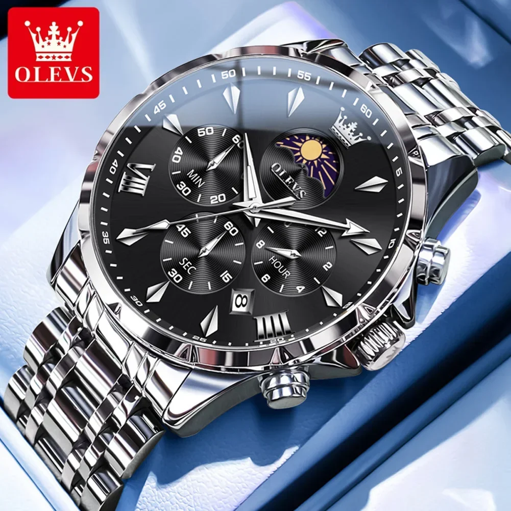 OLEVS Men's Stainless Steel Waterproof Quartz Watch with Moon Phase and Luminous Calendar