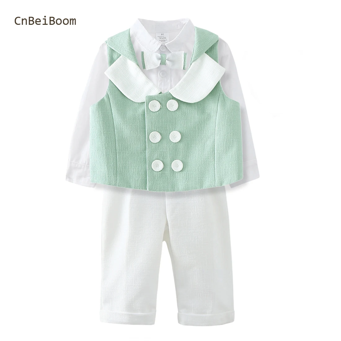 CNBeiBoom Originate Boys Waistcoat Green white Clothes Sets Kids Vest Tie Shirt Strap Trousers Children Suits Gentleman Dress 1