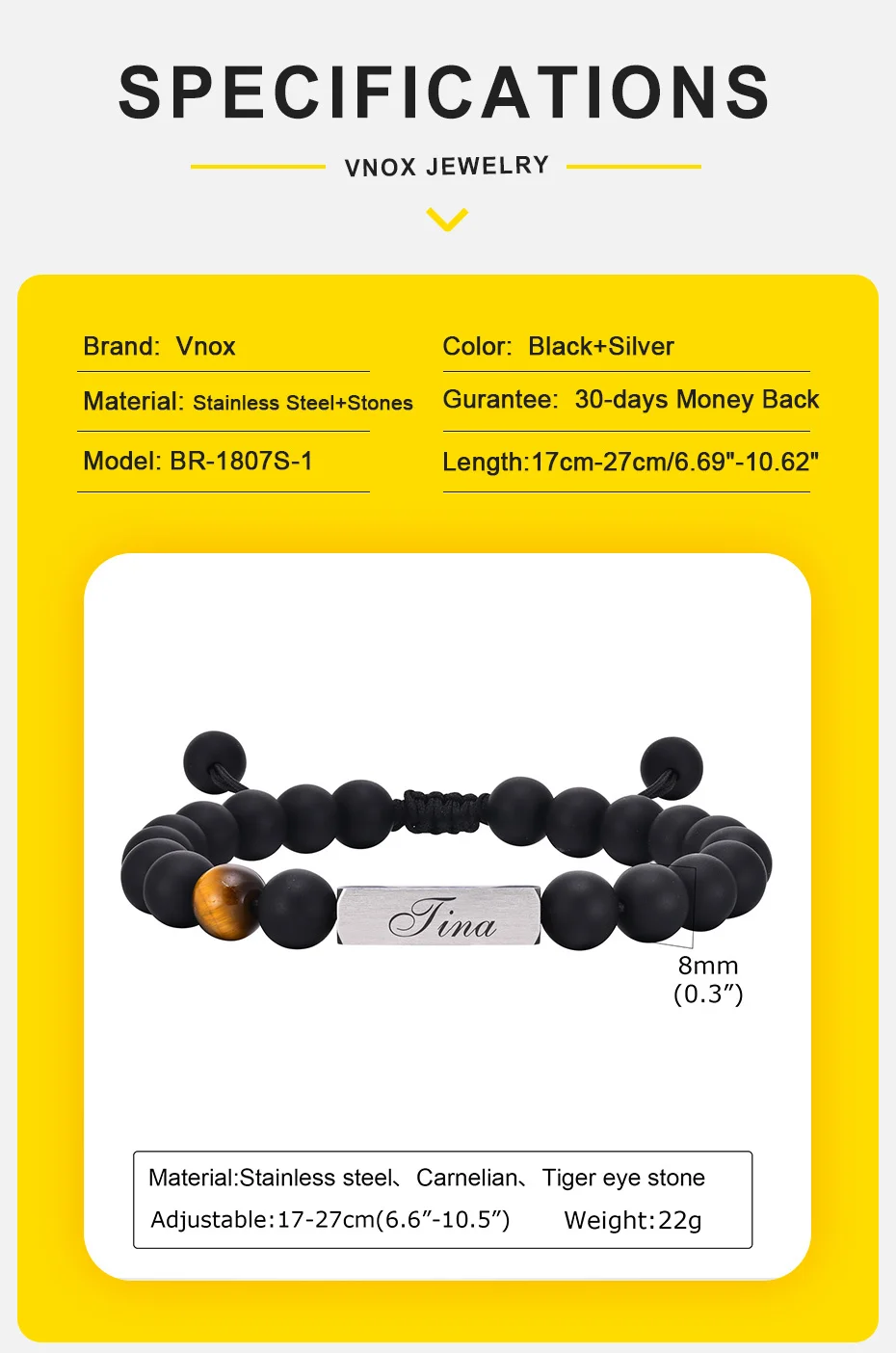 Vnox Kostenlose personalisierte Namensarmbänder (Vorderseite) für Männer, Papa, Tigerauge-Perlenarmbänder mit schwarzen Steinen, verstellbares klassisches Geschenk – Detail 6