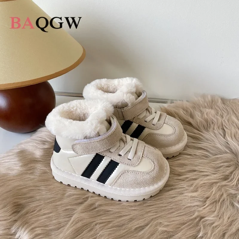 Baby Shoes Baby Boots Winter Snow Boots Autum Winter Children Snow Boots Boys New Striped Design Warm Plush Snow Boots Girls Patchwork Non-slip Infant Size 15-30