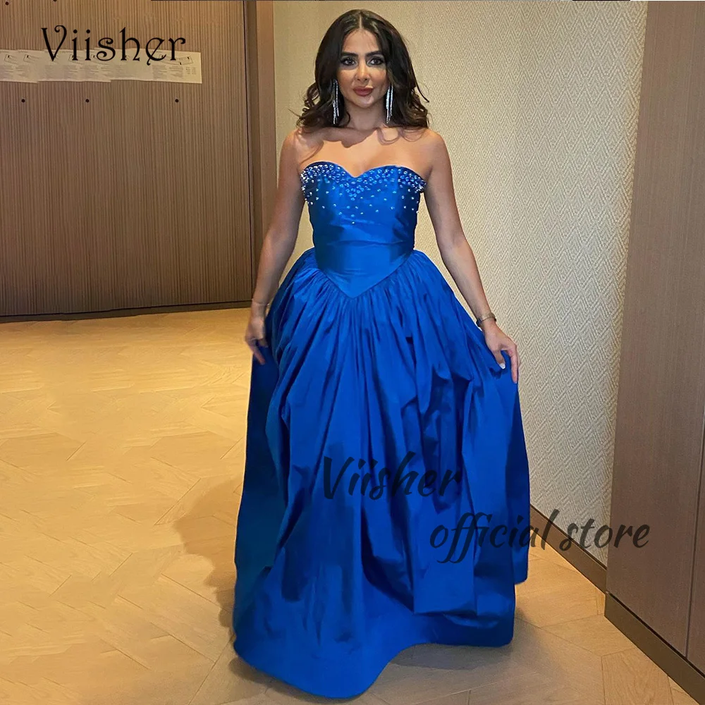 

Viisher Blue Satin A Line Evening Dresses Beads Sweetheart Dubai Arabic Prom Party Dress with Train Long Celebrate Event Gowns