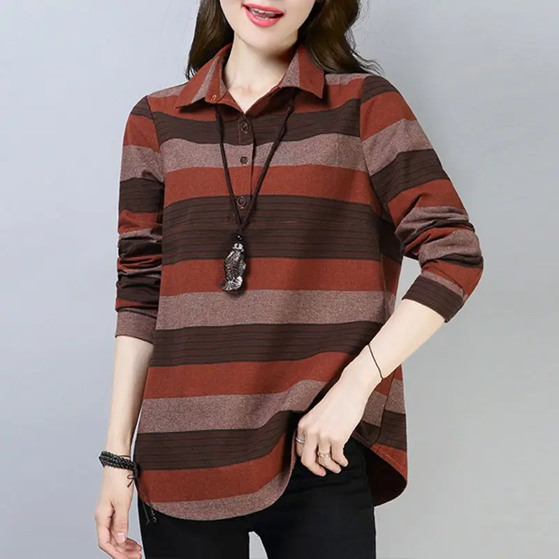 Spring Autumn Elegant Fashion Harajuku Tops Women All Match Loose Casual T-shirts Stripe Patchwork Cotton Long Sleeve Tops Lady
