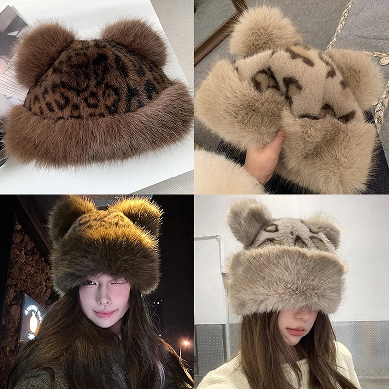 여성용 레트로 레오파드 무늬 봉제 귀 버킷햇, 두꺼운 보온 대야 모자, 가을 겨울