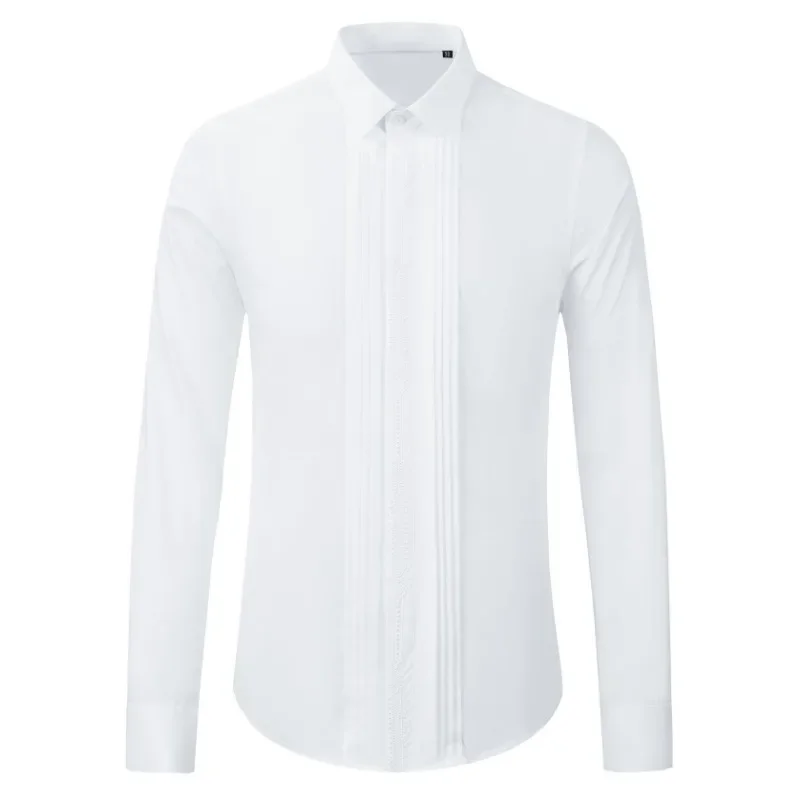 Minglu Cotton Men's Shirts High Quality Embroidery Covered Button Long Sleeve Solid Color Casual Party Male Dress Shirts 4XL