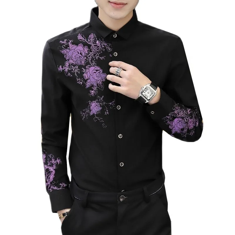 남성용 긴팔 장미 셔츠, 비즈니스 웨딩 파티 원피스, 스몰 스트레치 슬림 상의, 패션 신상 