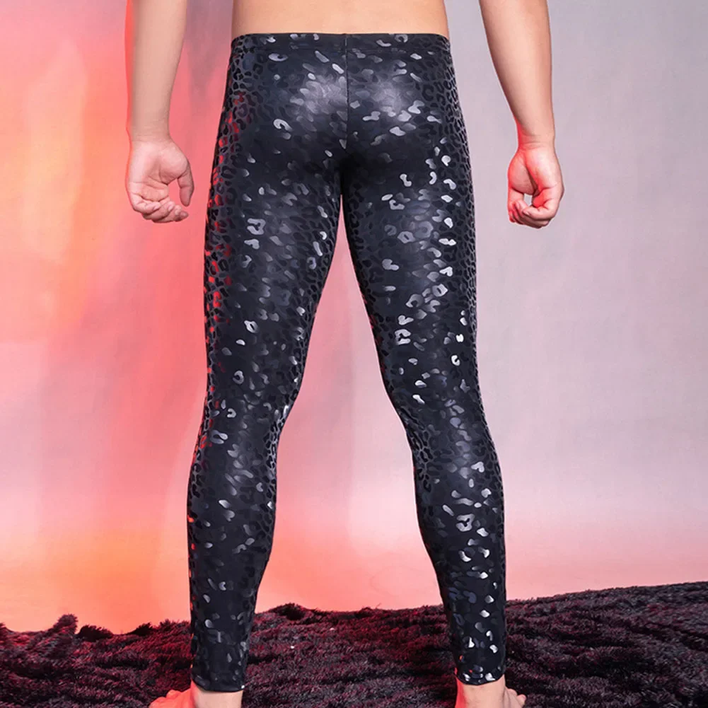 Sexy Men Pants Elastic Oil Shiny Leopard Tight Pants Shaping Lingeries Pajama Trousers U Convex Pouch Temptation Leggings