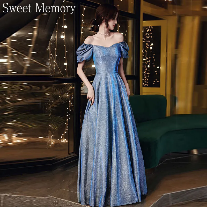 

J285 Starry Bling Evening Dress Blue Long Bridesmaid Robe Ankle-Length Gown Elegant Women Host Banquet Wedding Guest Dresses