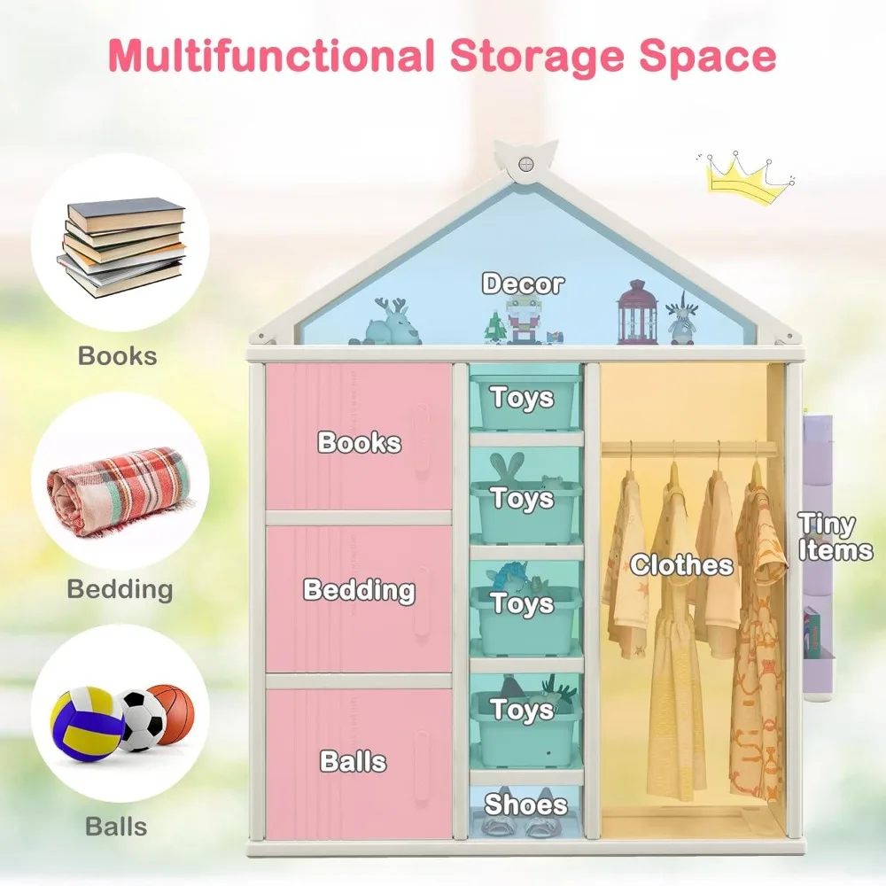 Kids Dress Up Storage, Open Hanging Armoire Closet with Storage Bins, Shelves, Side Baskets, Kids Dress Up Rack for Kids Room 3
