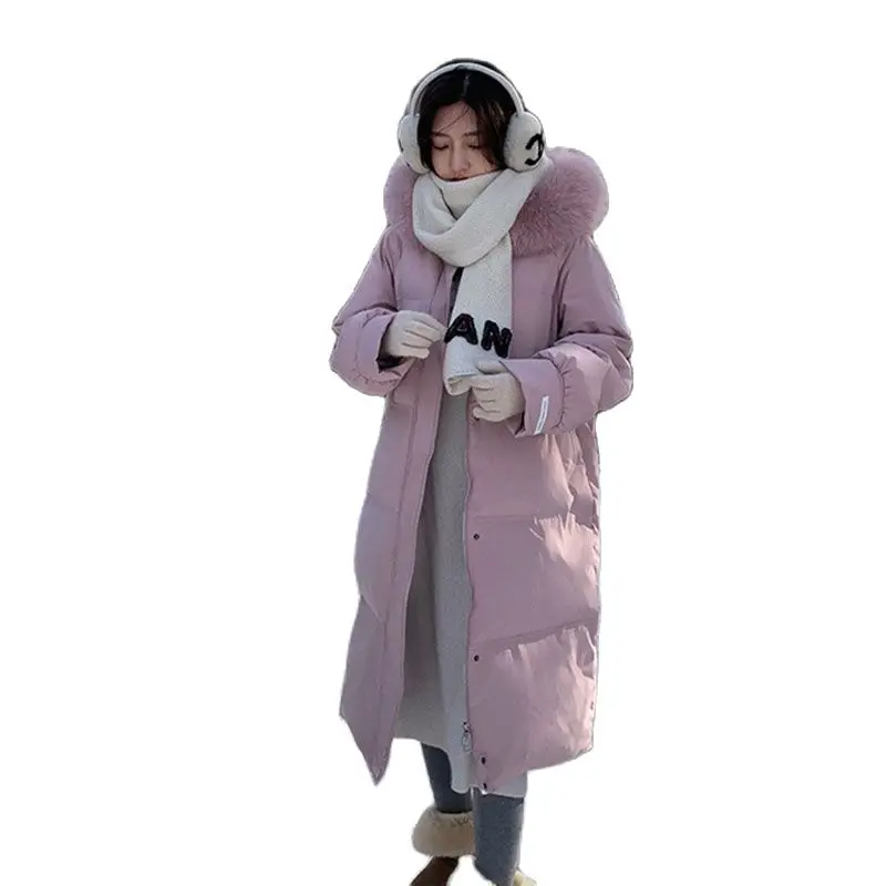 Temperament Hooded Down  Women's Nid-length new Korean Version Loose Thickened White Duck Down Big Fur Collar Pocket Jacke