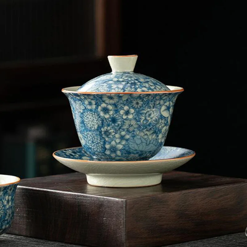 Porcelain Flourishing Flowers Blue Color Tea Tureen Tea Cup Set Kungfu Cup Infuser Tool Teaware Set Kitchen Drinkware