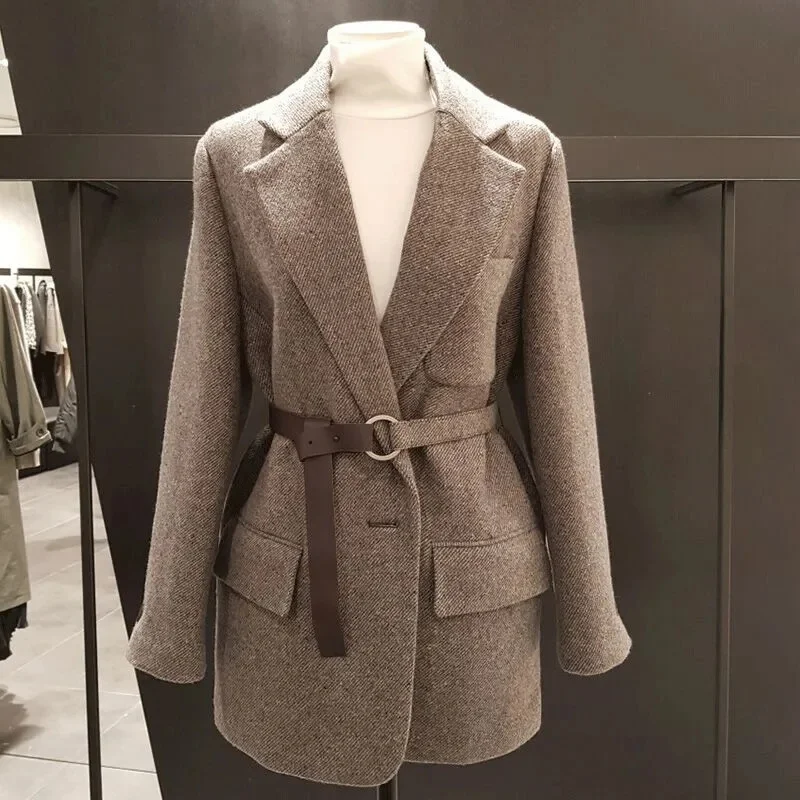 

Autumn 2022 New All-matching Tweed Small Suit Korean Retro Lace-up Waist Loose Jacket Women's Cotton Coat Thickened Solid Color