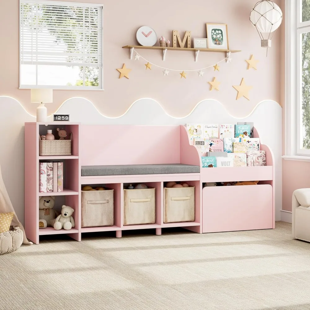 67" Kids Reading Nook with Bench, Kids Bookshelf and Bookcase with Seat Cushion and 6 Storage Cubbies, Toy Storage Box on Wheels 4