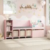 67" Kids Reading Nook with Bench, Kids Bookshelf and Bookcase with Seat Cushion and 6 Storage Cubbies, Toy Storage Box on Wheels 4