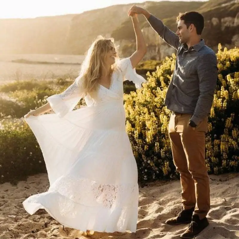 

Maternity Lace Baby Shower Long Dress V-Neck Summer Pregnancy Maxi Gown Pregnant Women Photography Props Shoot Clothes 2022 New