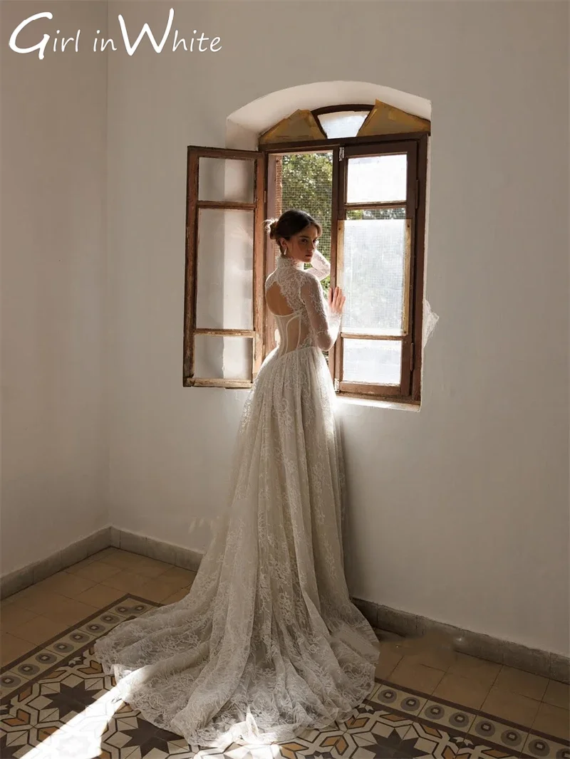 Full Lace Ivory Wedding Dresses High Neck Long Sleeves 2025 Bridal Gowns Floor Length A-Line Wedding Gowns 2025 Customized