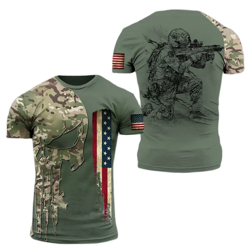 ARMY-VETERAN 3D Print Men's T-shirts Amercian Soldier Casual Round Neck Loose Short Sleeve Camouflage Commando Men Clothing 6XL