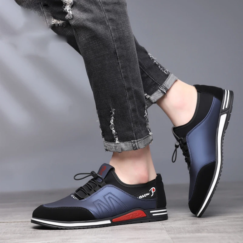Casual Shoes Men Elastic Band Leather Soft Flat Business Sneakers
