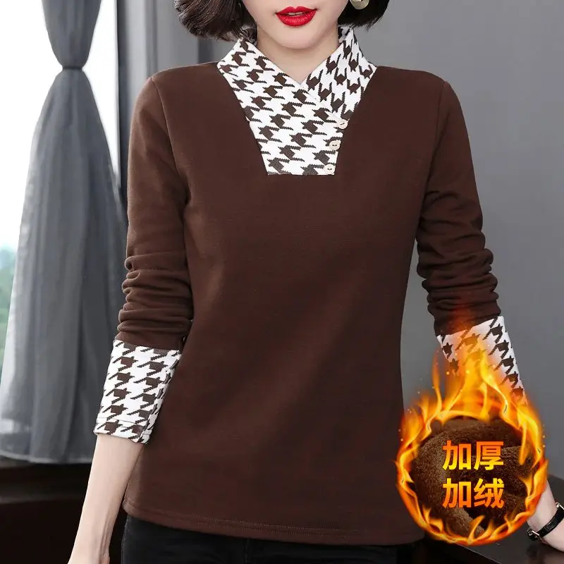 2023 Autumn/Winter New Half High Collar Long Sleeve Bottom Shirt Splicing Office Lady Casual Comfortable Leisure Button Shirt 4