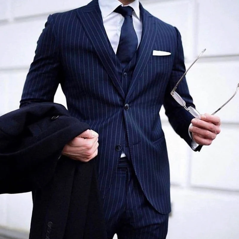 

Pinstripe Slim Fit Men Suits For Business Prom 3 Piece Wedding Tuxedo Formal American Style Male Set Jacket With Pants Fashion
