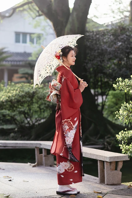 Kimono tradicional japonés de manga larga para mujer, Color rojo, vestido  Formal Yukata para fotografía y actuación, disfraz de Cosplay, novedad de